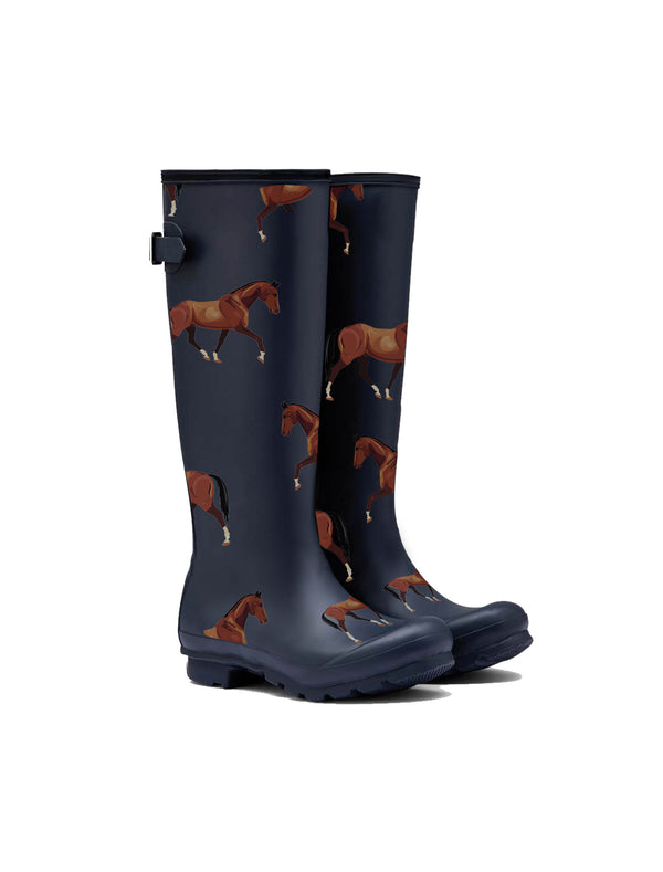 Tall Back Adjustable Matt Rain Boots – Navy Horse Print